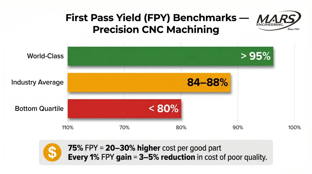 First pass yield benchmark comparison bottom quartile average and world class CNC manufacturing