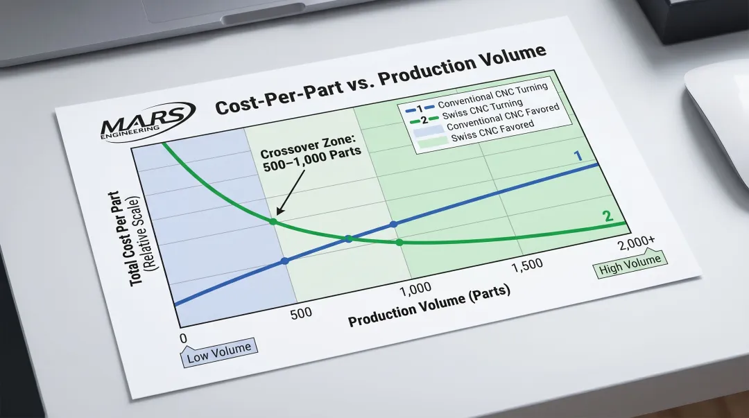 Swiss CNC versus conventional turning total cost per part economic crossover volume chart