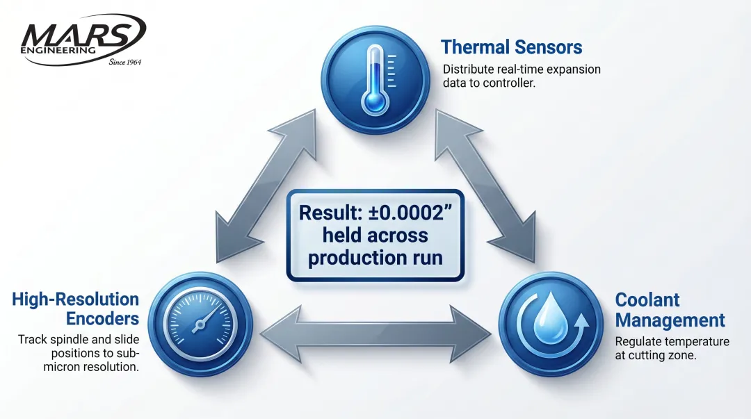Three-system Swiss CNC thermal compensation process flow showing sensors encoders and coolant