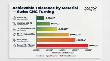 Swiss CNC machining material tolerance comparison chart from brass to Inconel titanium