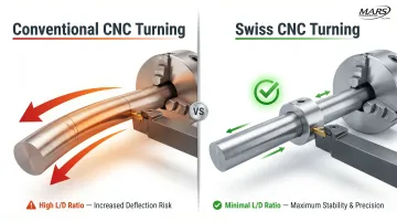 Swiss turning versus conventional lathe guide bushing support mechanism comparison diagram