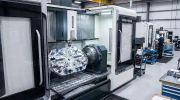 Multi-axis CNC milling machine with tombstone fixture setup for aerospace aluminum parts