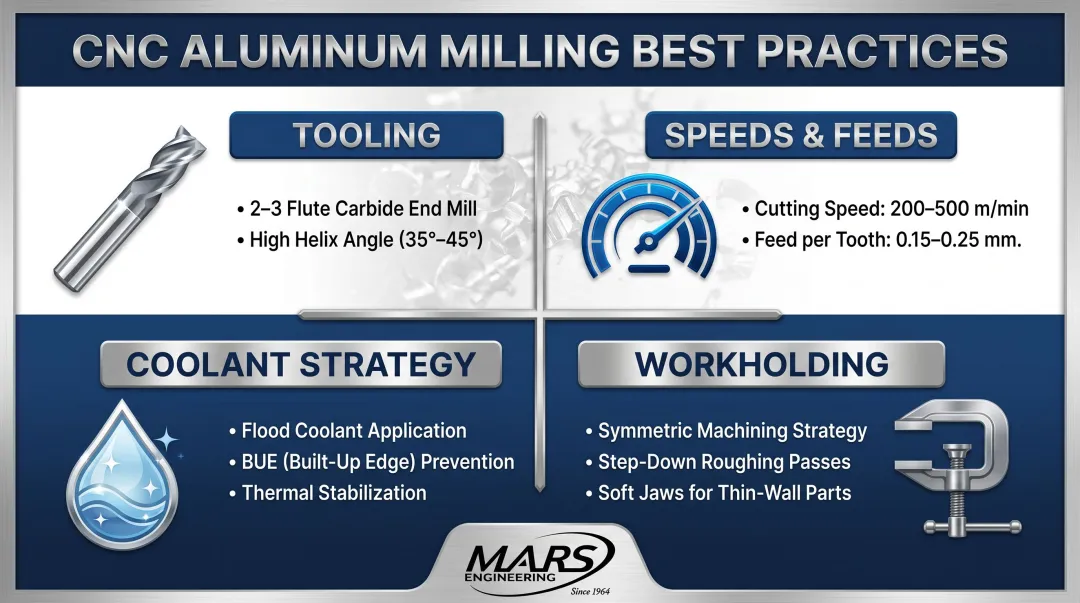 CNC aluminum milling best practices tooling coolant and workholding process infographic