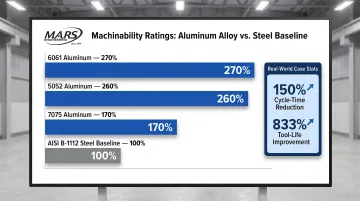 Aluminum versus steel machinability ratings and cycle time comparison infographic