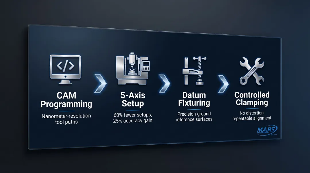 5-axis CNC machining setup process flow from CAM programming to final fixturing