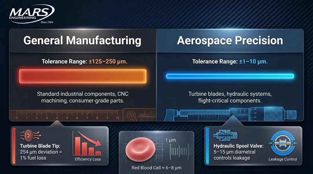Aerospace micron tolerance versus general manufacturing tolerance comparison infographic