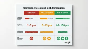 Black oxide versus black zinc plating versus powder coating corrosion protection comparison chart