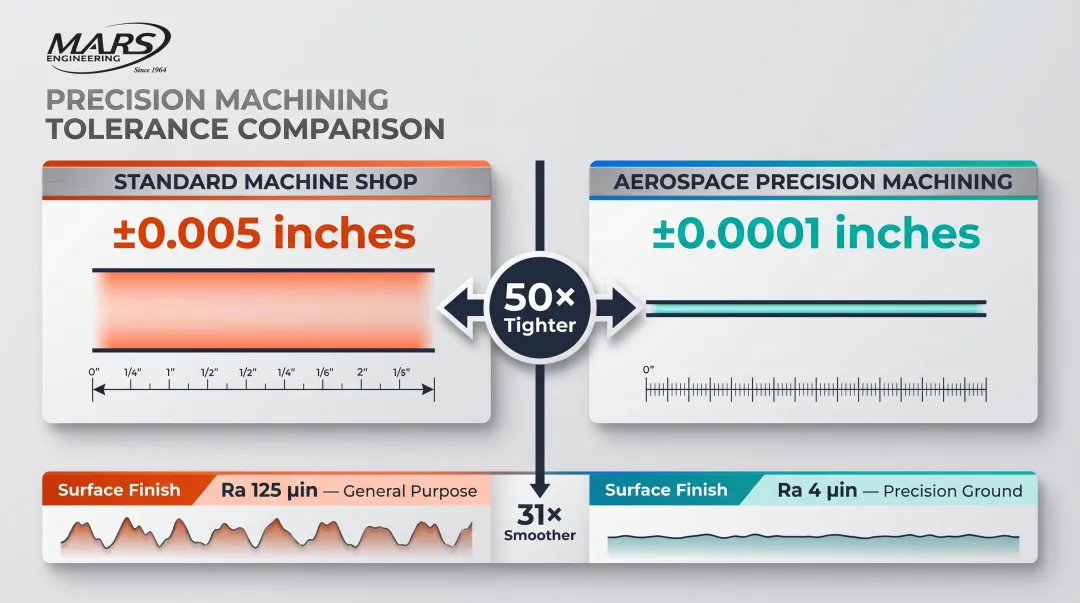 Aerospace versus standard machining tolerance comparison infographic 50x tighter requirements