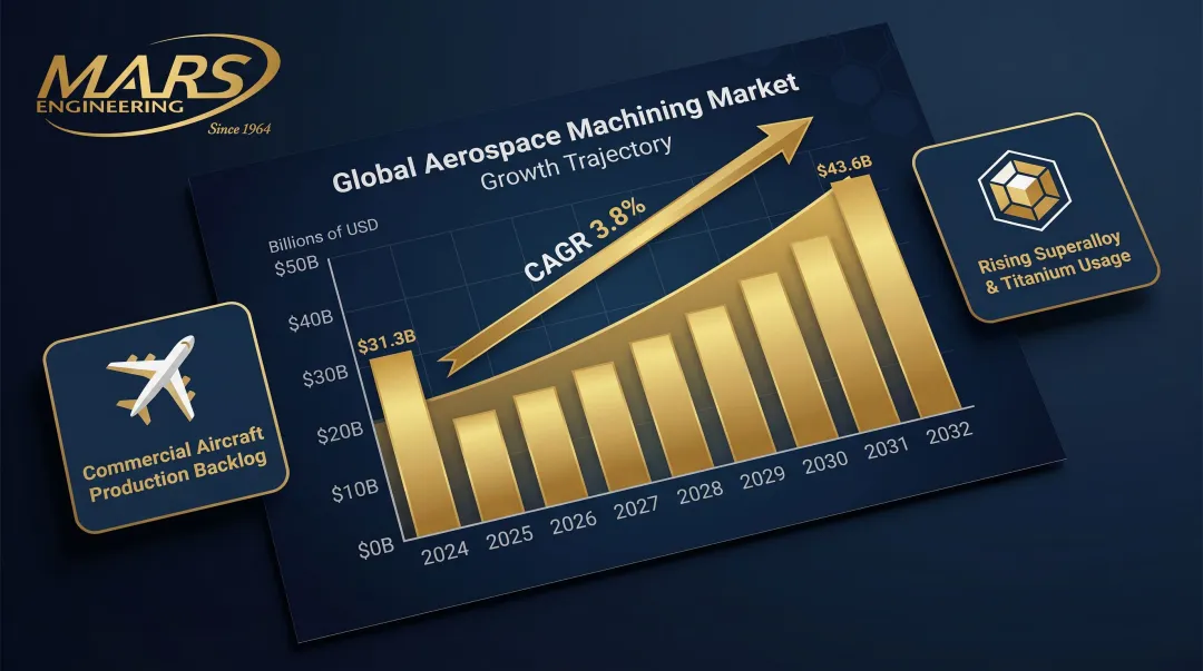 Global aerospace machining market growth from 31.3 billion to 43.6 billion by 2032