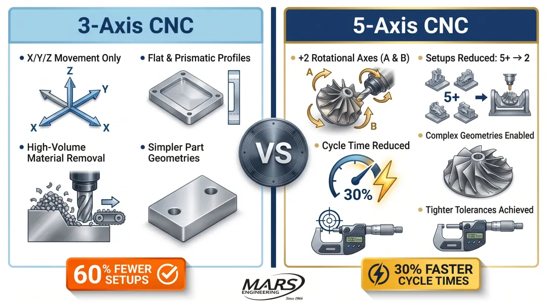 3-axis versus 5-axis CNC machining comparison benefits and capabilities infographic