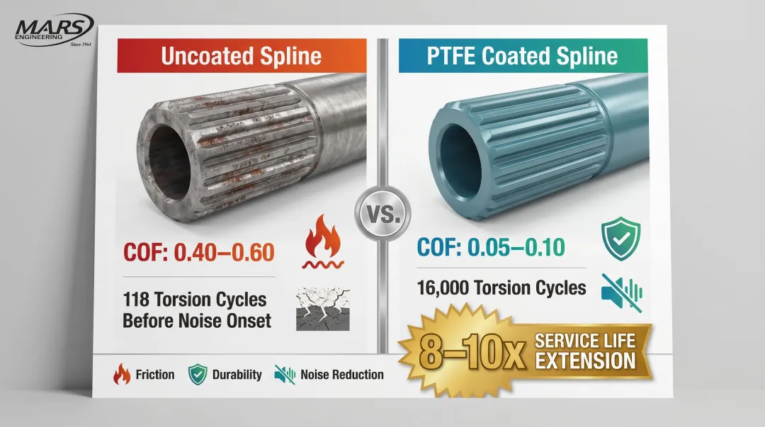 PTFE coated drive shaft spline service life extension 8 to 10 times comparison infographic