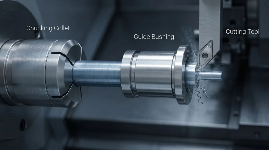 Swiss CNC screw machine guide bushing precision turning slender medical parts