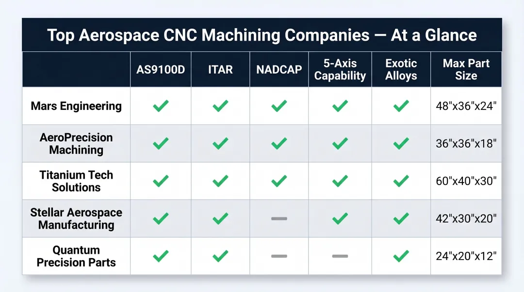 Aerospace CNC machining company comparison chart certifications capabilities and part size ranges