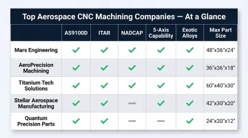 Aerospace CNC machining company comparison chart certifications capabilities and part size ranges