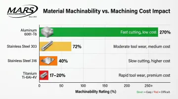 Material machinability rating comparison chart from aluminum to titanium with cost implications