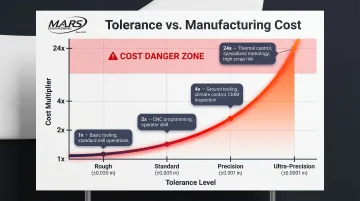 Tolerance level versus cost multiplier exponential curve infographic from rough to ultra-precision