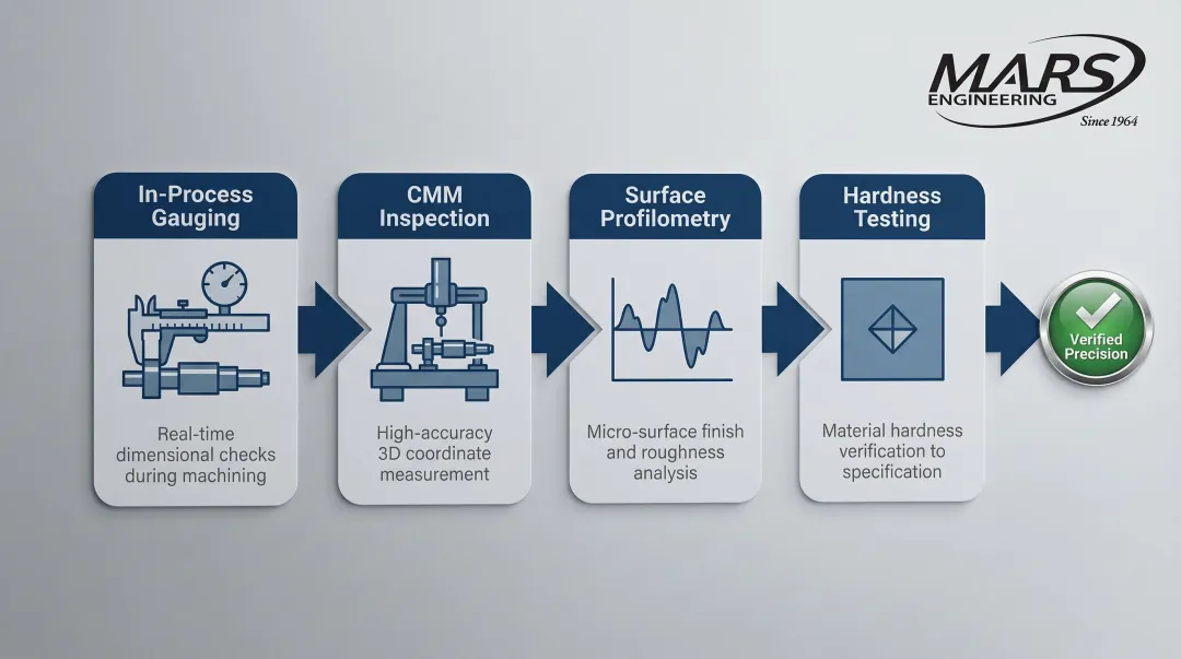 Four-stage precision shaft quality control process from in-process gauging to hardness testing