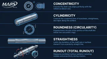 Five precision shaft geometric tolerances concentricity cylindricity roundness straightness runout diagram