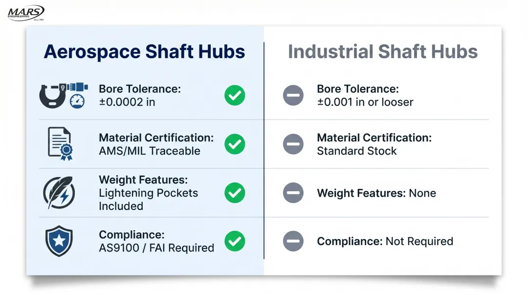 Aerospace versus industrial shaft hub tolerance and requirements side-by-side comparison infographic