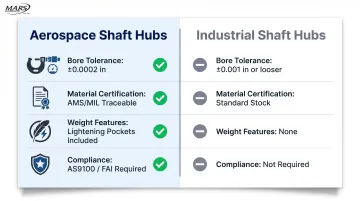 Aerospace versus industrial shaft hub tolerance and requirements side-by-side comparison infographic