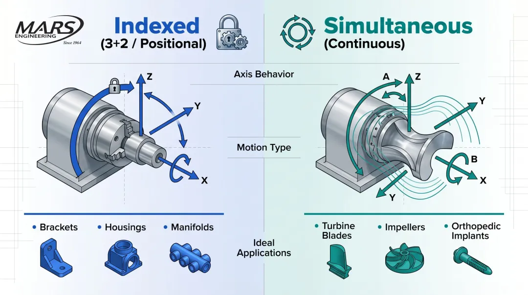Indexed 3+2 versus simultaneous 5-axis CNC machining comparison infographic