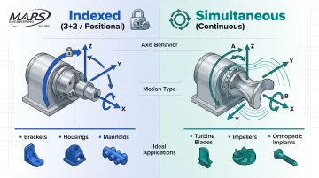 Indexed 3+2 versus simultaneous 5-axis CNC machining comparison infographic