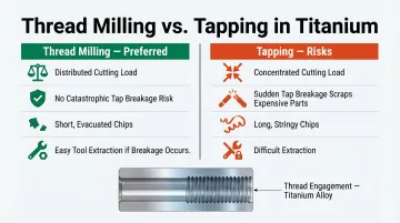 Thread milling versus tapping in titanium four-factor comparison infographic