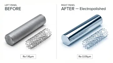 Electropolished titanium medical implant surface showing mirror-like smooth finish
