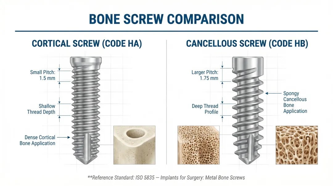 Cortical versus cancellous bone screw thread geometry side-by-side comparison infographic