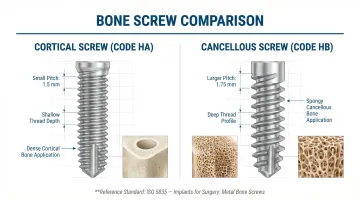 Cortical versus cancellous bone screw thread geometry side-by-side comparison infographic