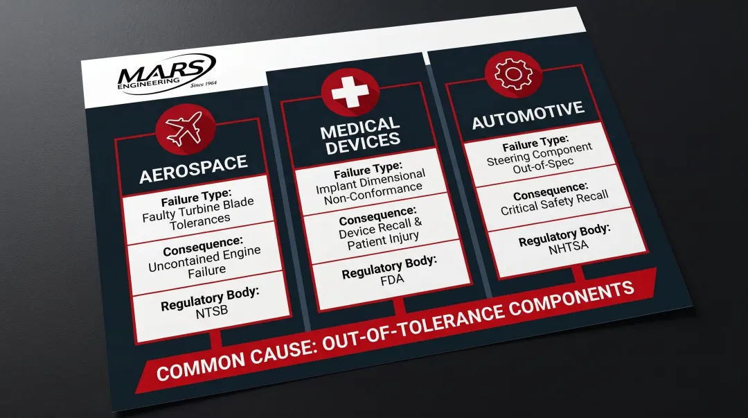 Three-industry precision component failure examples aerospace medical and automotive