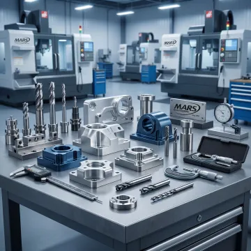 Custom machined metal parts arranged beside CNC tooling