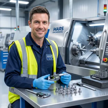 Technician inspecting precision machined parts