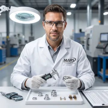 Technician inspecting precision-machined electrical components
