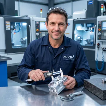 Technician inspecting machined aluminum part