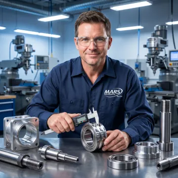 Machinist inspecting a custom bearing prototype