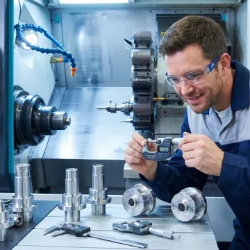 Technician inspecting precision machined components