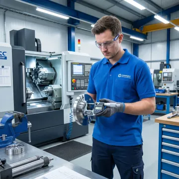 Machinist inspecting a precision flange component
