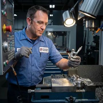 Technician operating precision machining equipment