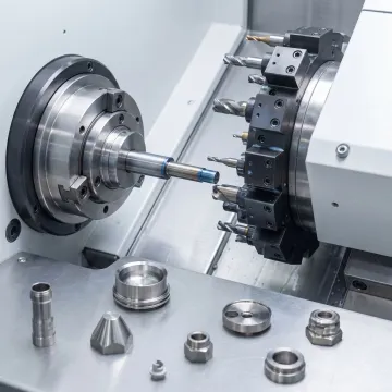 Titanium parts being machined on a Swiss screw machine