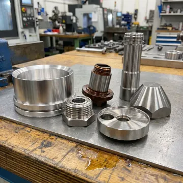 Precision-engineered metal components on a machining workbench