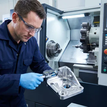 Technician inspecting precision machined component