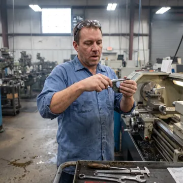 Technician inspecting precision machined component