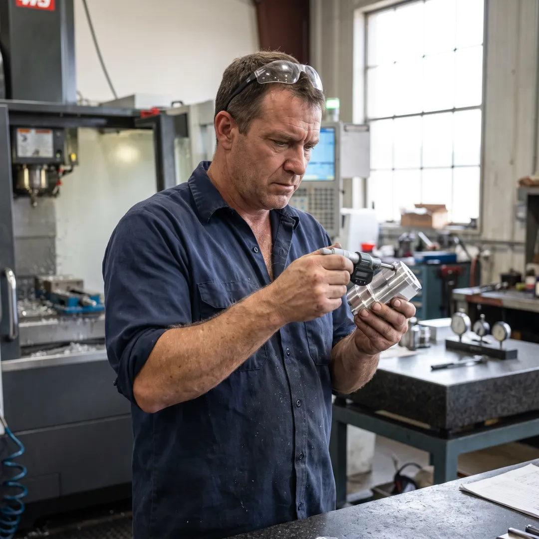 Technician inspecting machined aluminum part