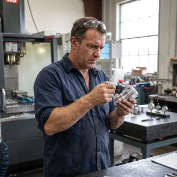 Technician inspecting machined aluminum part