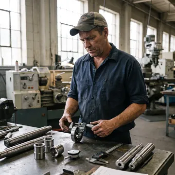 Machinist inspecting a custom bearing prototype