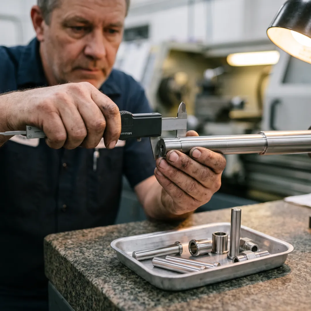 Machined stainless steel equipment parts in production