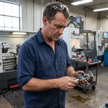 Technician inspecting a machined flange