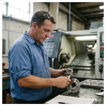 Machinist inspecting a precision flange component