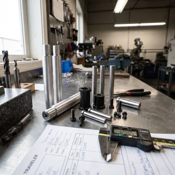 Custom machined metal parts arranged beside CNC tooling